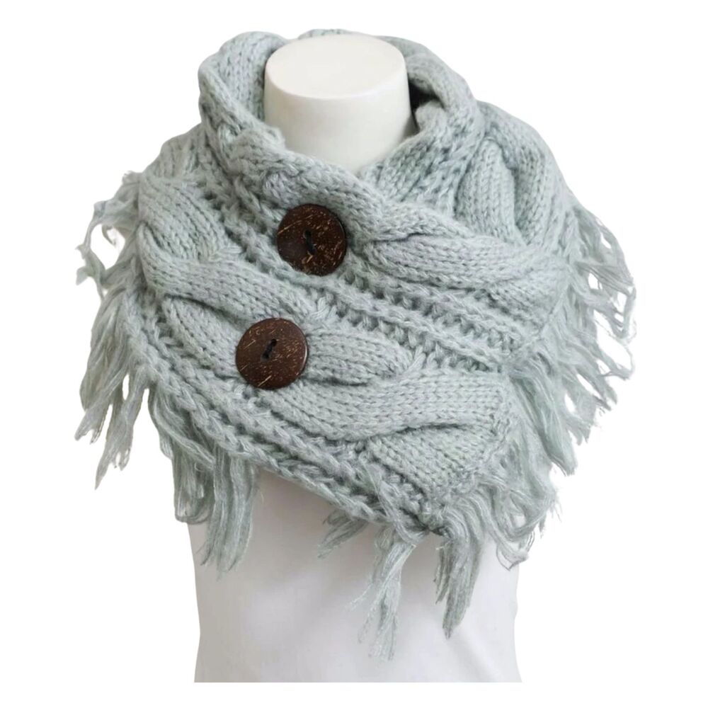 Women's Sage Green Heathered Knit Shoulder Warmer Wrap w/Fringe/Coconut Buttons